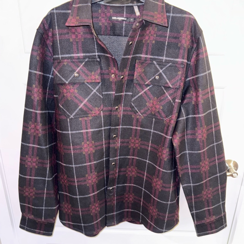 Karl Lagerfeld Black and Red Plaid Casual Button Down Shirt